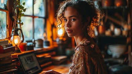 A joyous businesswoman engaged with her company's webpage on a laptop. Success. Cozy home office, surrounded by stacks of books and aromatic coffee, reflecting her determination and persistence.