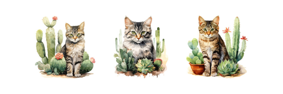 Cat and cactus watercolor set. Vector illustration design.