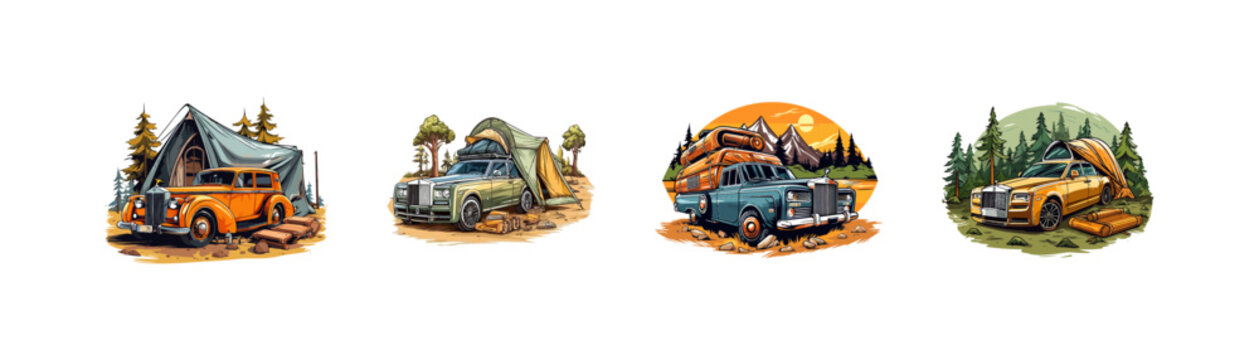 Camping with rolls royce set. Vector illustration design.