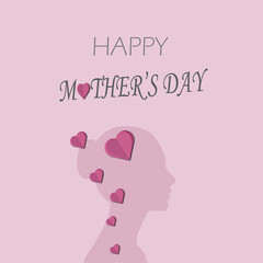 Mother's day greeting card. Woman silhouette with pink paper hearts. Vector festive mom postcard. Symbol of love mum and child on white background