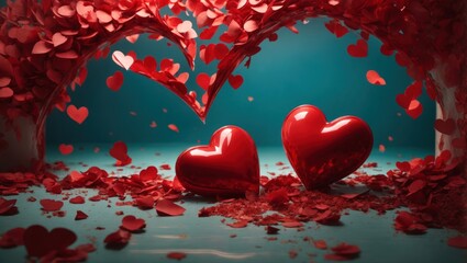 red hearts on a blue background, space for text
