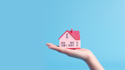Fototapeta na wymiar Captivating 3D Toy House Design Floating in Hand on Blue Background, Illustrating Imagination in Real Estate and Housing Market Concepts