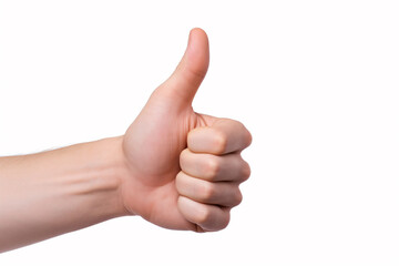 Close up of a human thumb up gesture against a white background