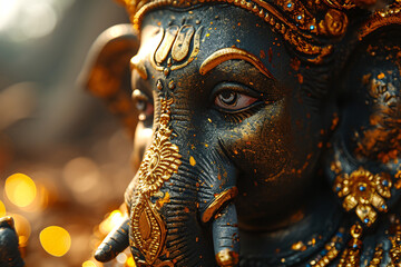 Detailed view of a blue and gold Ganesha statue with bokeh lights