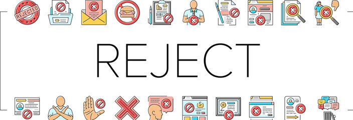 reject man stop stamp cancel icons set vector. business person, negative hand, deny concept, people decline, document red x reject man stop stamp cancel color line illustrations