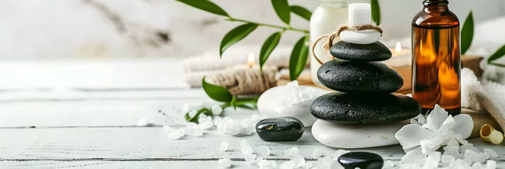 Rolgordijnen beauty treatment items for spa procedures on white wooden table. massage stones, essential oils and sea salt. copy space © john