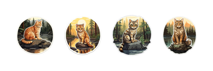 Cat and forest sticker. Vector illustration design.