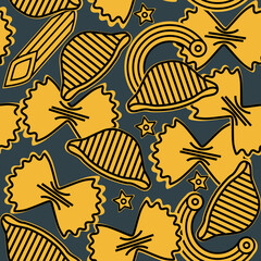 Italian pasta pattern. Hand drawn seamless background with sketch style farfalle pasta, and macaroni. llustration for cover design, food package, menu, background