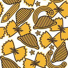 Italian pasta pattern. Hand drawn seamless background with sketch style farfalle pasta, and macaroni. llustration for cover design, food package, menu, background