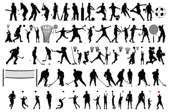 Set of vector silhouettes of people in sports football, volleyball, cricket, hockey etc. 