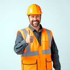 Caucasian man worker smiling in helmet and orange vest with thumbs up. Man isolated on white background.