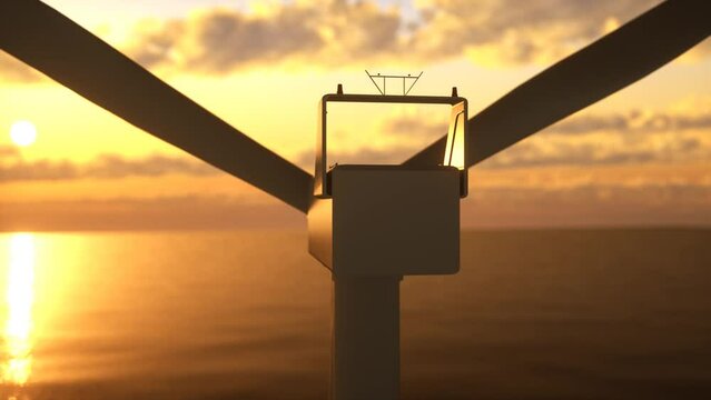 Winding turbine in the sea at sunset. 3D animation