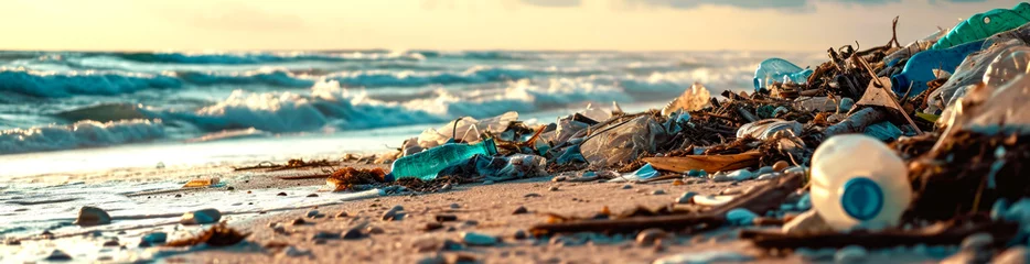 Rolgordijnen Stone beach with plastic waste. Plastic bottles in nature. Environmental pollution concept. AI generated. © millenius