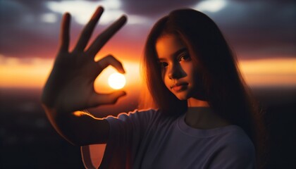 A young girl caught the setting sun with her fingers