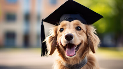 Positive dog wearing graduate hat on blurred background