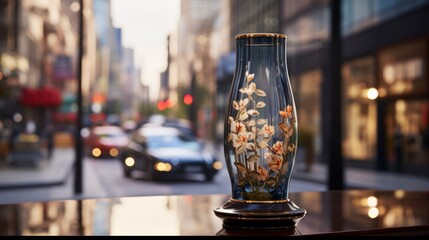  a glass vase with flowers on a table in front of a city street with a car on the other side of the street. - obrazy, fototapety, plakaty