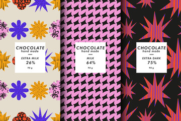 Vector illustration set of templates contemporary geometric cover and patterns for chocolate and cocoa packaging with labels. Minimal modern backgrounds