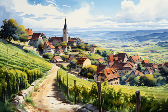 A charming watercolor painting of a quaint European village nestled among rolling hills.no.04