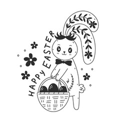 Happy Easter bunny with eggs in a basket and text. Cute doodle rabbit with handwritten lettering. Sketch vector illustration on white background. Poster, banner, greeting card with kawaii animal