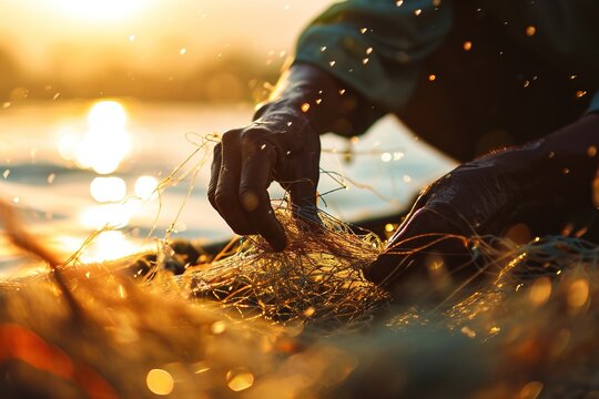 A fisherman untangles a fishing net.