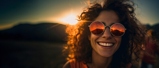 portrait of a laughing young Caucasian woman in fashionable round mirror sunglasses with curly hair, copy space, girl stands with her back to the sun, Generated AI