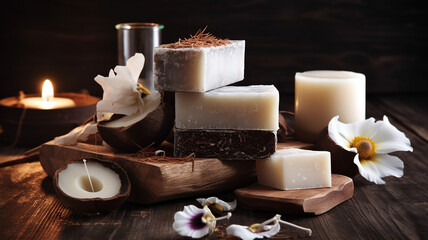 Fototapeta na wymiar Spa still life with coconut oil and natural handmade soap on wooden background.