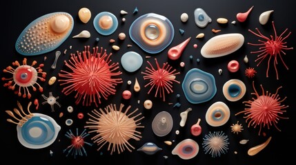  a collection of different types of sea urchins and sea urchins arranged in a circle on a black background.
