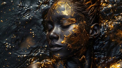 African woman with gold makeup on black background.	