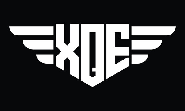 XQE three letter logo, creative wings shape logo design vector template. letter mark, word mark, monogram symbol on black & white.