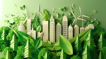 An eco-friendly landscape showcasing a sustainable city with renewable energy sources like wind turbines and solar panels, green parks, and modern buildings designed for minimal environmental impact