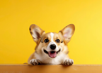 banner with a funny corgi dog puppy sitting on a yellow background looking at camera