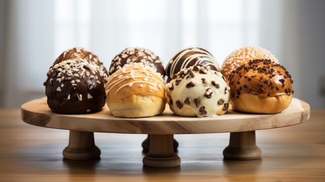  a group of donuts sitting on top of a wooden platter on top of a wooden table next to a window.