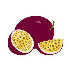 Passion fruit isolated on a white background. Delicious ripe passion fruit whole fruit and half. Flat style, cartoon design