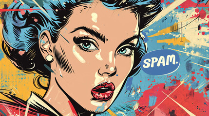 Pop art woman on grunge background. Vector illustration in retro style. Spam