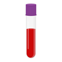 Glass tube with blood for detail test on covid-19, coronavirus with magnifier. Positive test. Blood sample. Virus analysis for laboratory. Vector illustration on white background.