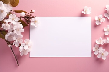 Empty white letter on a pink background surrounded by cherry blossoms, Valentine's day love letter mockup