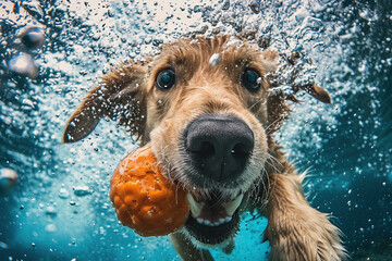 Dog retrieving a toy underwater.