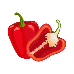 Ripe red bell pepper isolated on white background. Whole and sliced pepper, flat style, vegetables cartoon design