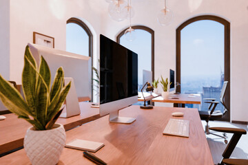 luxurious loft apartment with floor-to-ceiling windows and panoramic view; modern minimalistic interior design of workspace home office area; bright daylight; 3D rendering