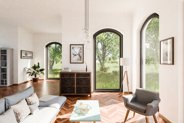 luxurious loft apartment with floor-to-ceiling windows and panoramic view; modern minimalistic interior design of living room and dining room area; bright daylight; 3D rendering