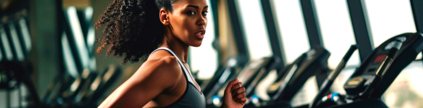 Attractive Young Sports Black Woman Is Working Out In Gym. Doing Cardio Training On Treadmill. Running On Treadmill. AI Generated.