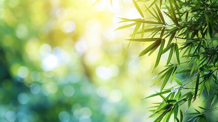 Frame of fresh green bamboo leaves isolated on blurred sunny background. Copy space.