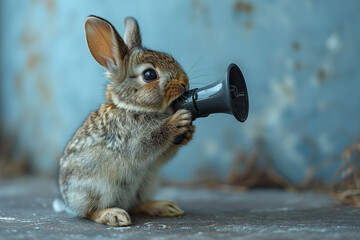 Easter bunny or rabbit with loudspeaker megaphone, advertising and marketing concept, social media, announce sale for holiday