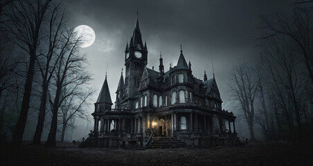 church in the night,Gothic mansion, A dark and gloomy gothic style mansion or church under a starry sky. The mansion has many spires,Generative AI