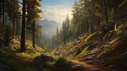 Obraz premium A Majestic Forest Landscape with Serene Rocks and Towering Trees