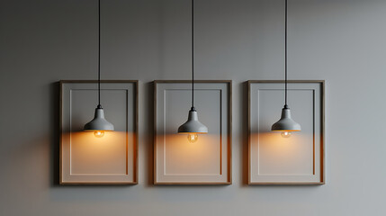Three picture frames hanging from a light bulb, in the style of ambient occlusion, muted and subtle tones, bold use of light, crisp and clean lines