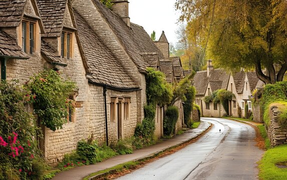 Village with old houses at autumn.