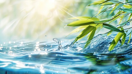 Green bamboo leaves, water wave in sunlight with copy space.