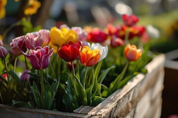 Spring flower box with colorful flowers.