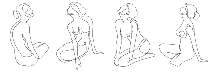 Trendy Line Art Woman Body Set Minimalistic Black Lines Drawing. Female Figure Continuous One Line Abstract Drawing. Modern Scandinavian Design. Naked Body Art. Vector Illustration.